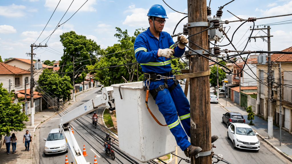 Funcionário de transmissora de energia em poste realizando reparos na fiação para atender ao ETR e às exigências da Resolução 1137 da ANEEL.